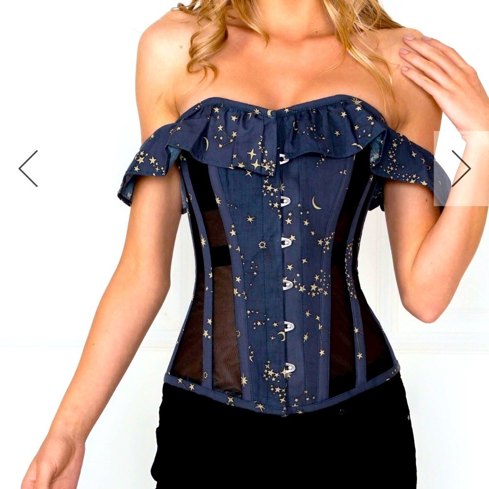Corset Story Astronomy Print Cotton Mesh Paneled Overbust Corset w/sleeves 28”